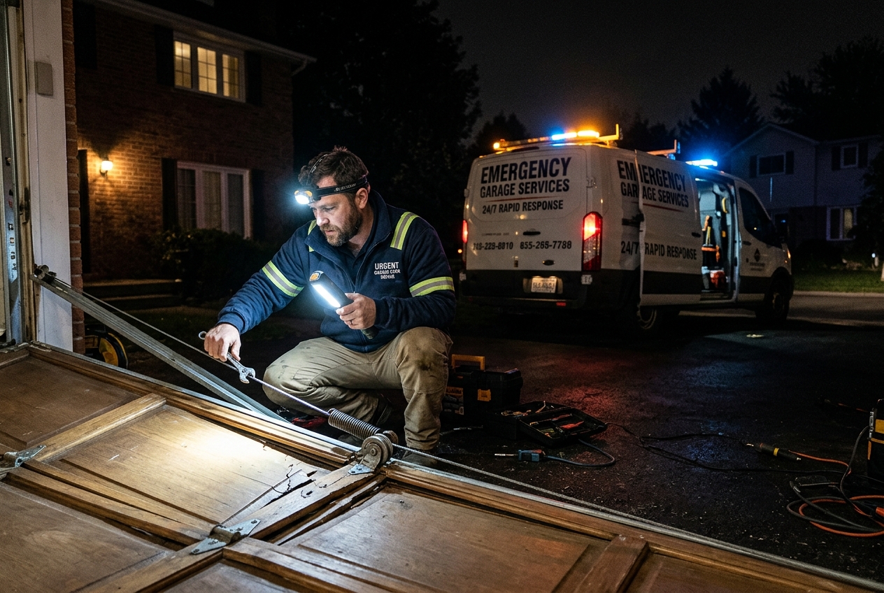 Unidad de emergencia de GARAGE DOOR REPAIR HOUSTON atendiendo llamada nocturna